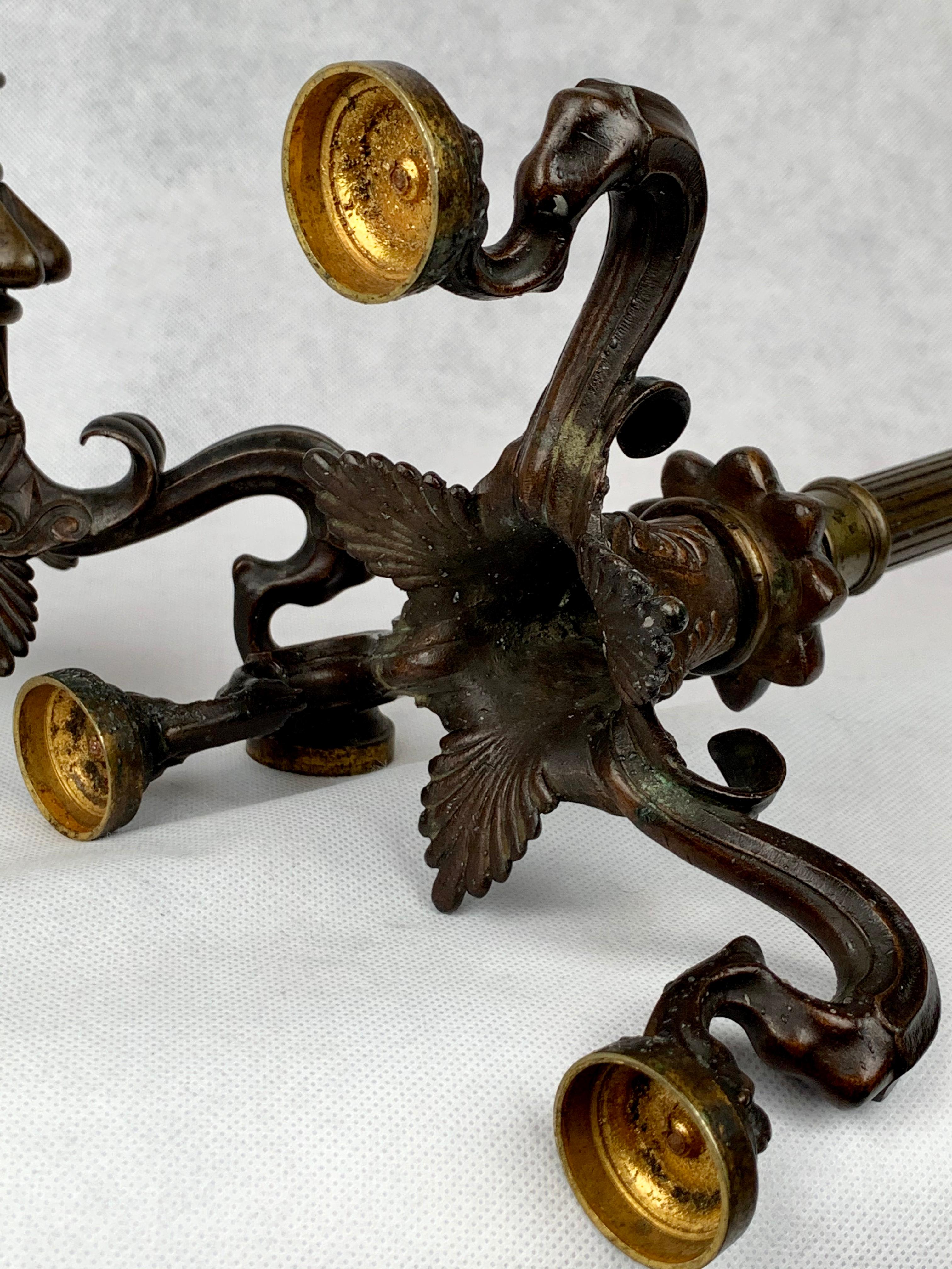 French Empire Patinated Bronze Tripod Candelabras, Lion's Paw Feet, 19th c. In Good Condition For Sale In West Palm Beach, FL