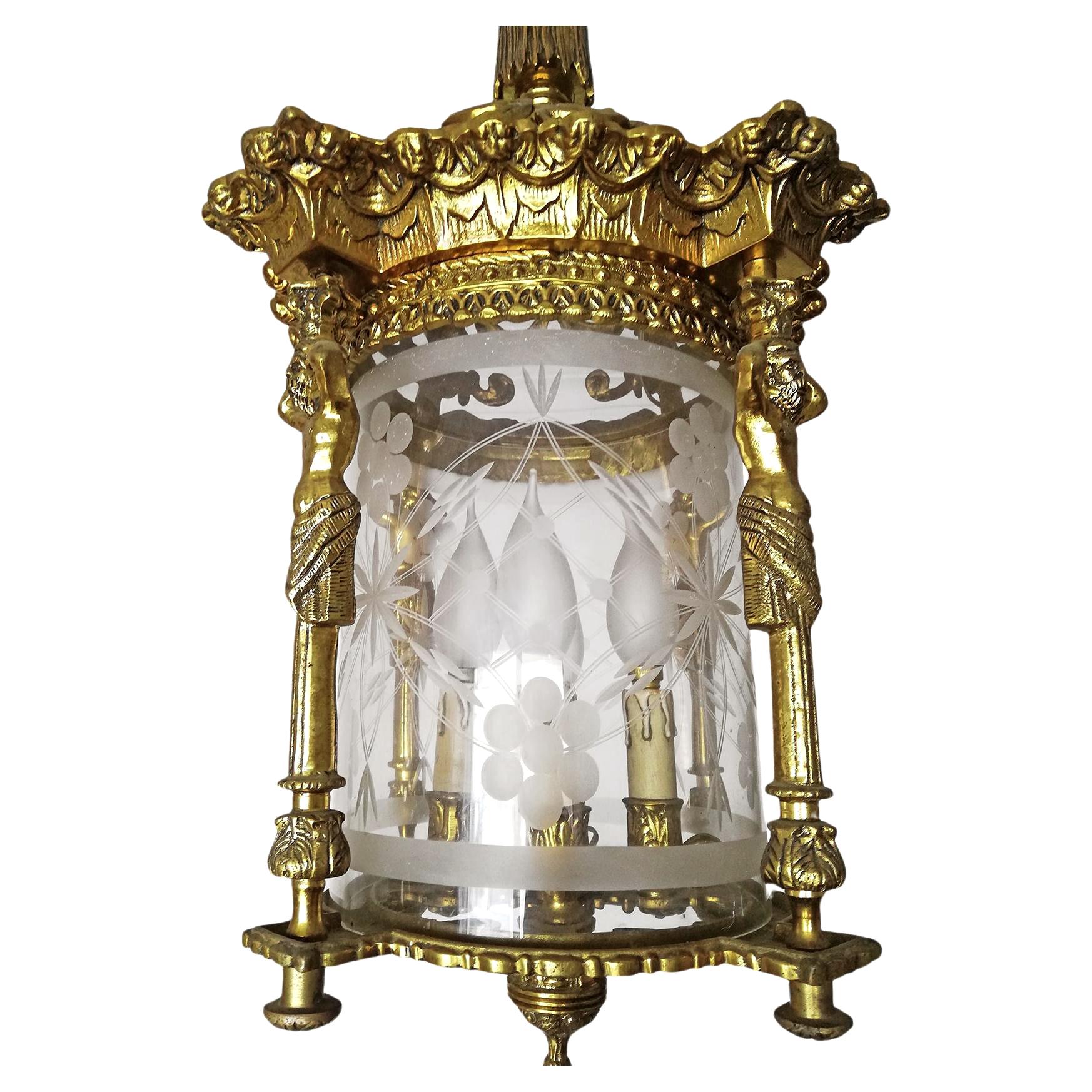 20th Century Pair French Empire Caryatids Gilded Bronze Cut Glass 4-Light Lantern Chandelier For Sale