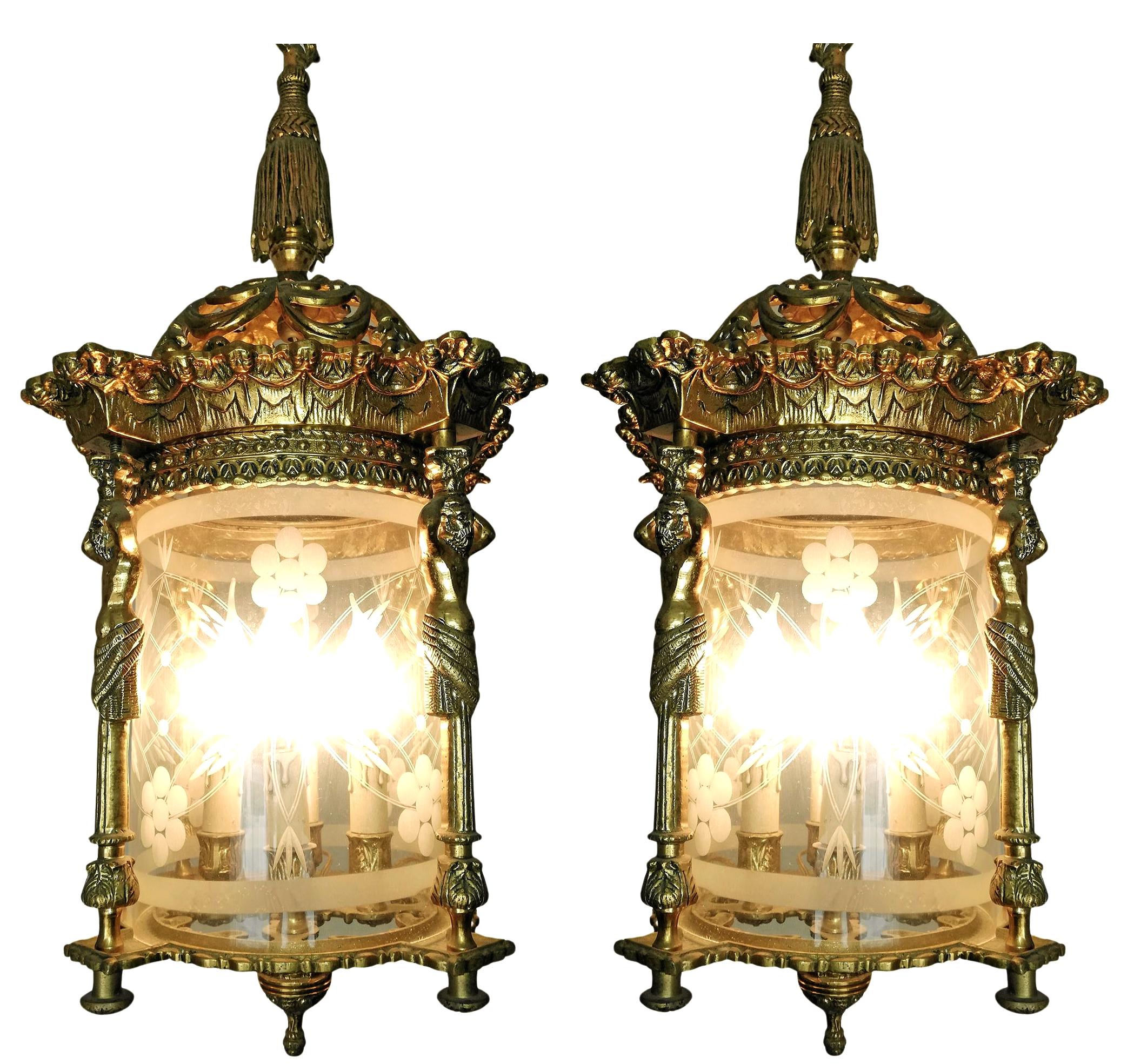 Pair French Empire Caryatids Gilded Bronze Cut Glass 4-Light Lantern Chandelier For Sale 2