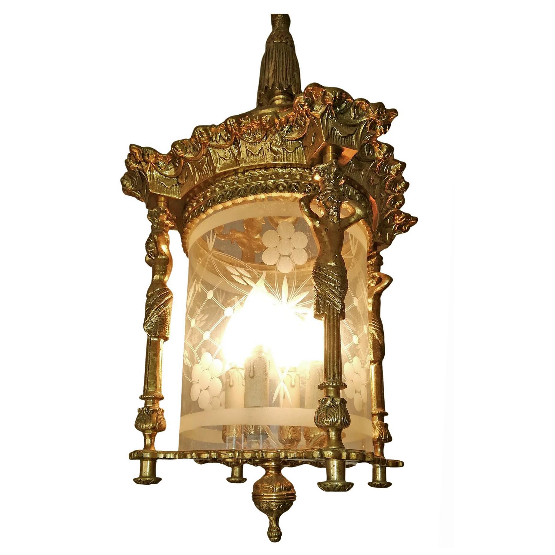 Pair French Empire Caryatids Gilded Bronze Cut Glass 4-Light Lantern Chandelier For Sale 3
