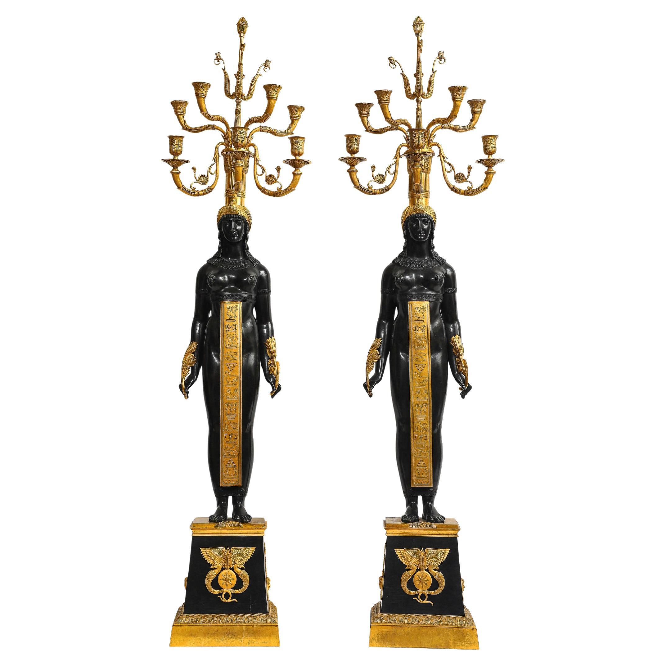 Pair French Empire Egyptian Doré Bronze Candelabra Designed by Charles Percier