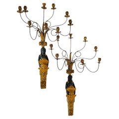 Pair French Empire Egyptian Polychrome wood and Gilt Metal Sconces
