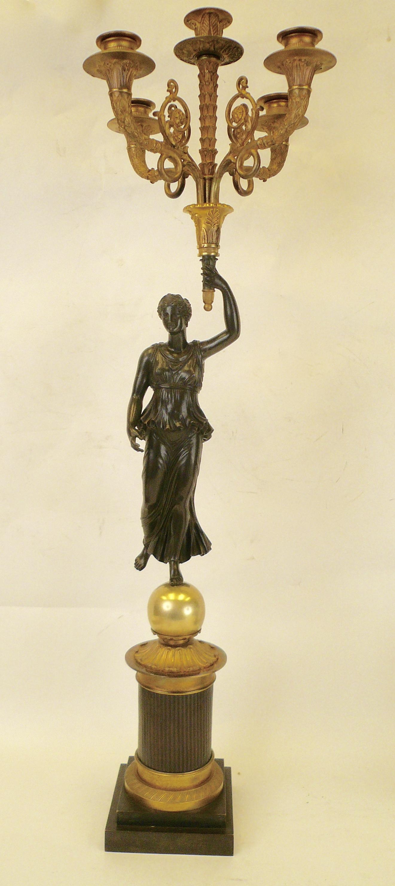 Gilt Pair of French Empire Figural Bronze Candelabra by Claude Francois Rabiat