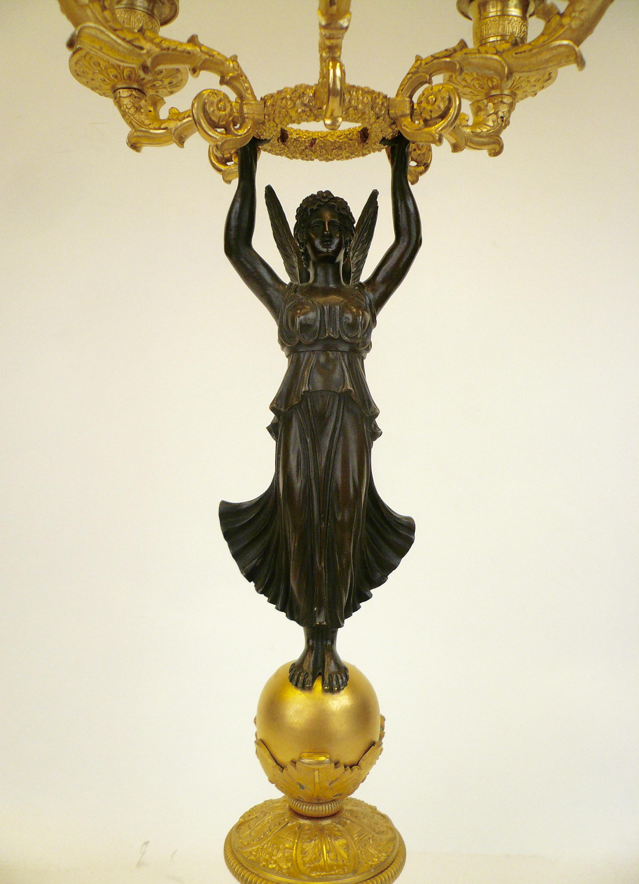 French Empire Figural Ormolu and Patinated Bronze Candelabra, Signed Mene, Pair In Good Condition In Pittsburgh, PA