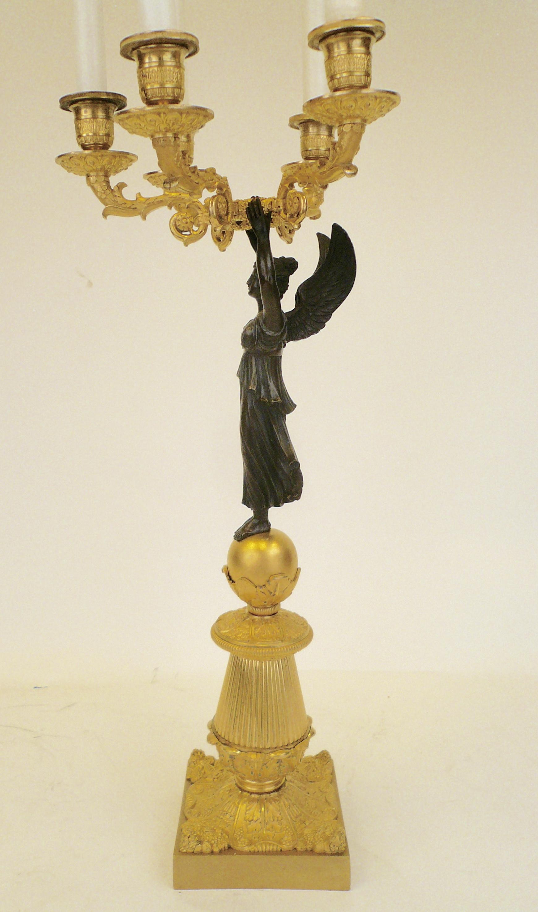 French Empire Figural Ormolu and Patinated Bronze Candelabra, Signed Mene, Pair 3