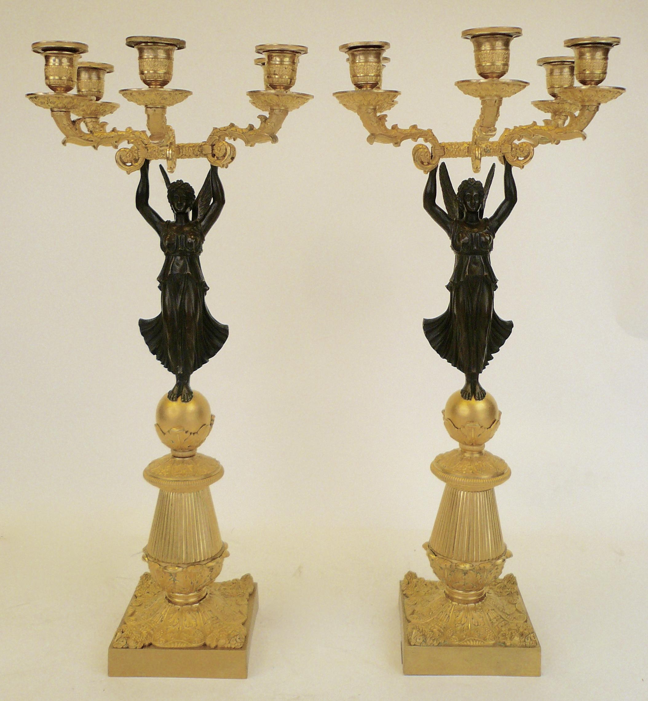 French Empire Figural Ormolu and Patinated Bronze Candelabra, Signed Mene, Pair 5