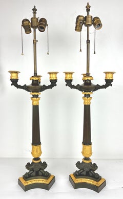 Pair French Empire Gilt and Patinated Bronze Candelabra form Lamps