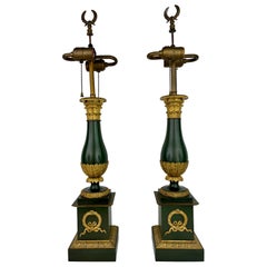 Pair French Empire Gilt and Patinated Bronze Lamps