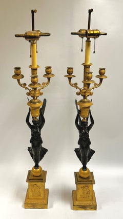 Pair French Empire Gilt and Patinated Bronze Table Candelabras/ Lamps