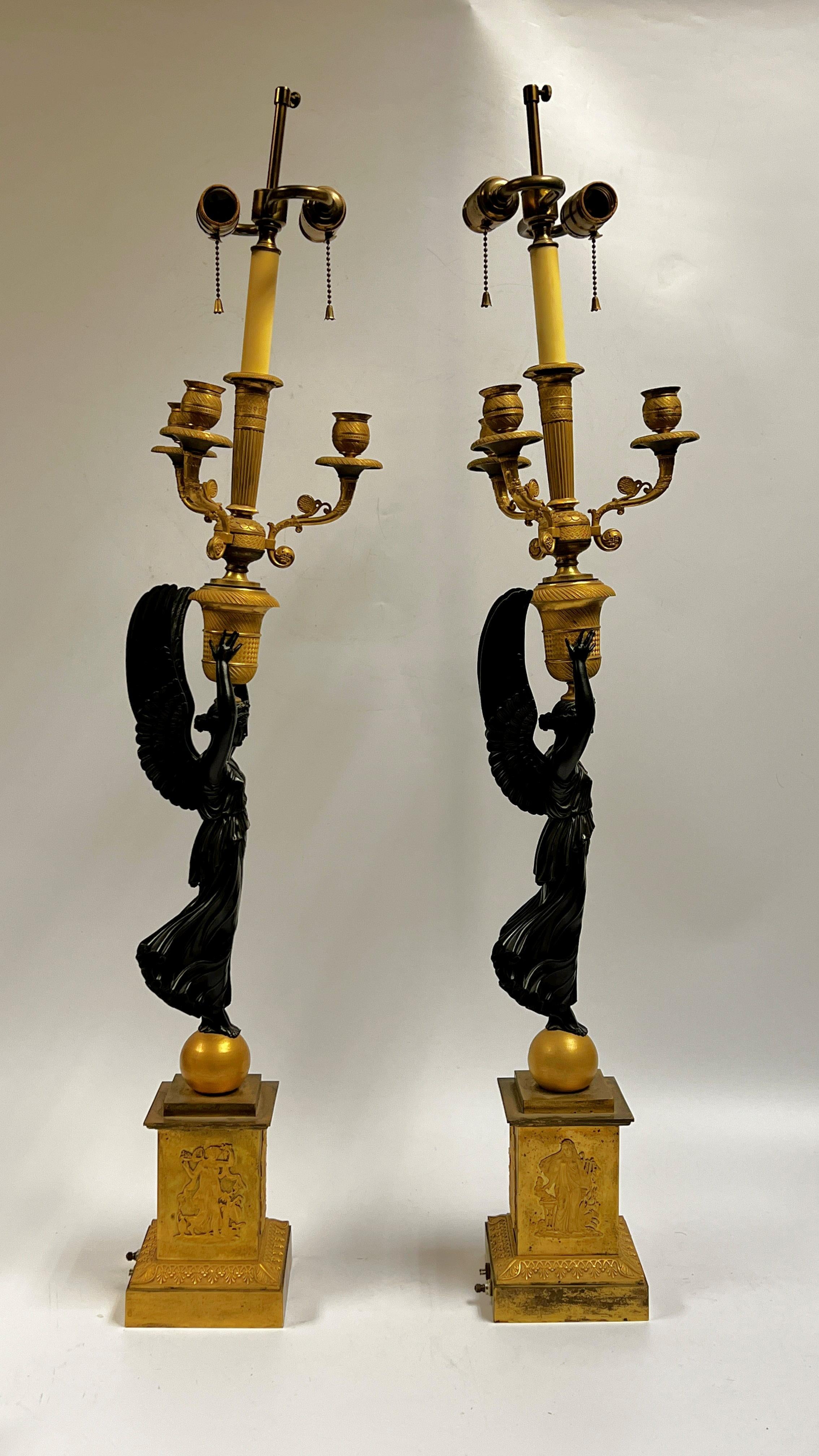 Pair French Empire Gilt and Patinated Bronze Table Candelabras/ Lamps In Good Condition In New York, NY