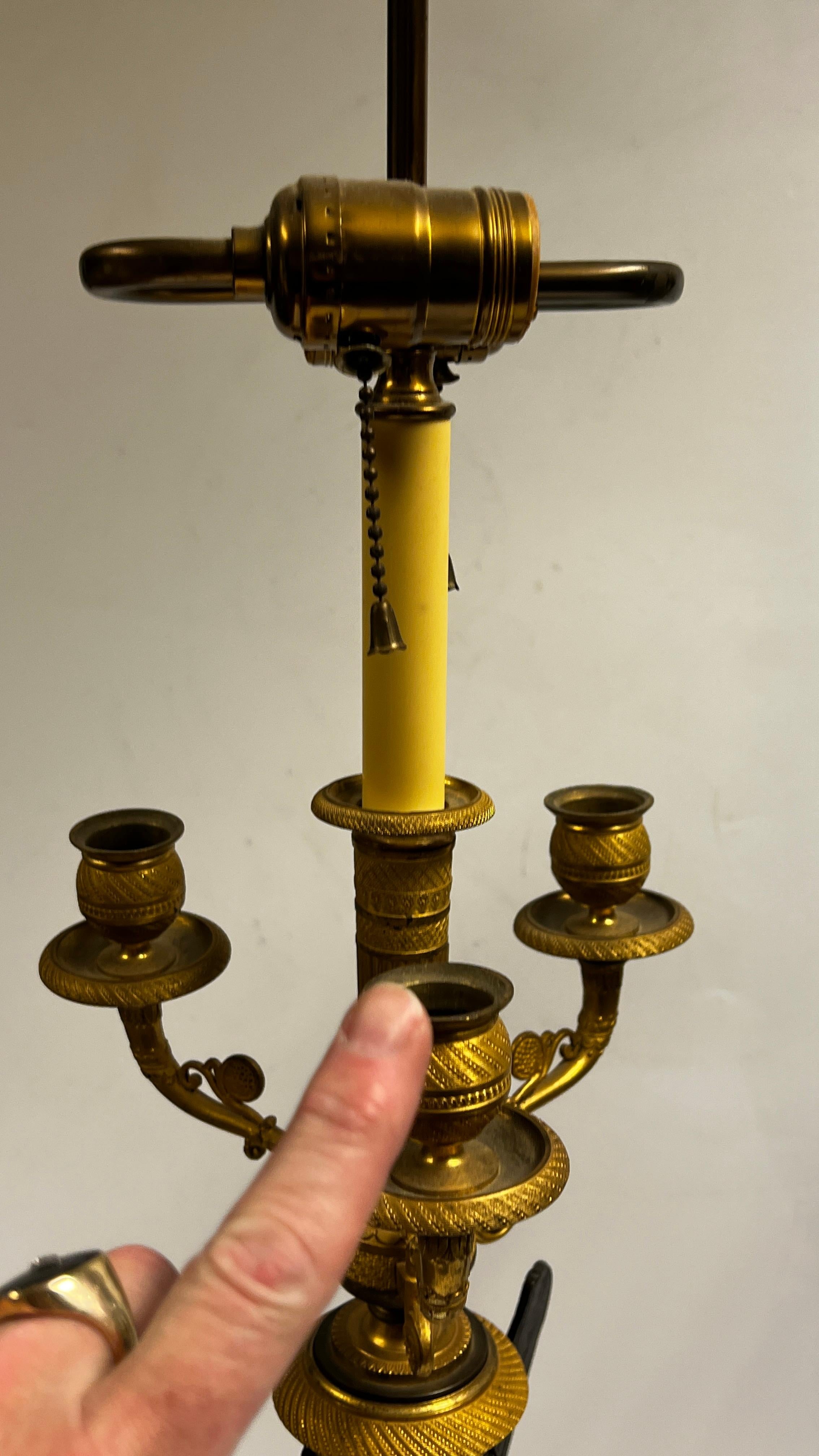 19th Century Pair French Empire Gilt and Patinated Bronze Table Candelabras/ Lamps