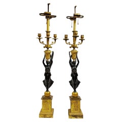 Pair French Empire Gilt and Patinated Bronze Table Candelabras/ Lamps