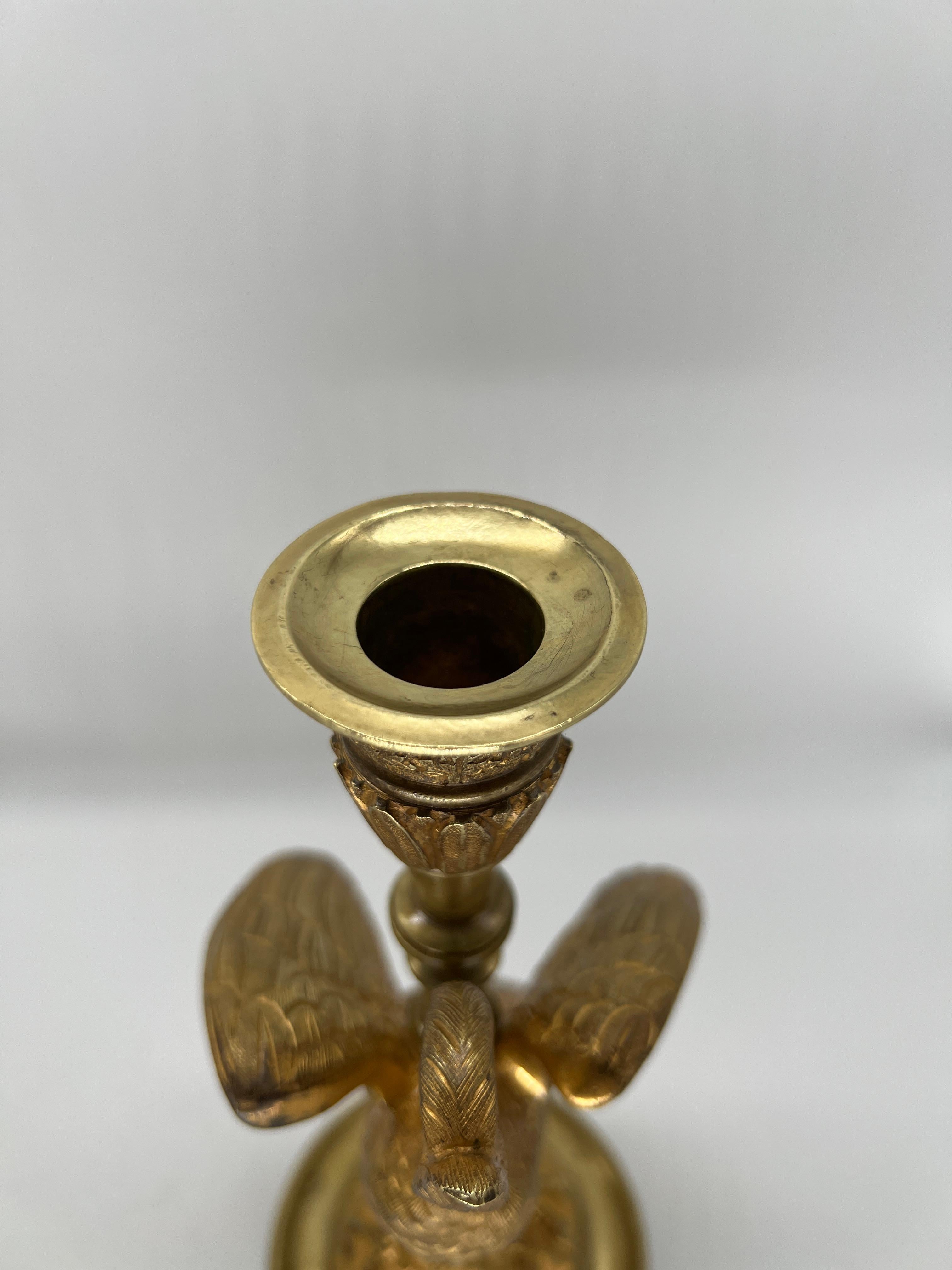 Pair, French Empire Gilt Bronze Crane Motif Candlesticks Circa 1815 For Sale 7