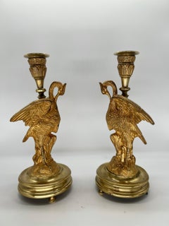 Pair, French Empire Gilt Bronze Crane Motif Candlesticks Circa 1815