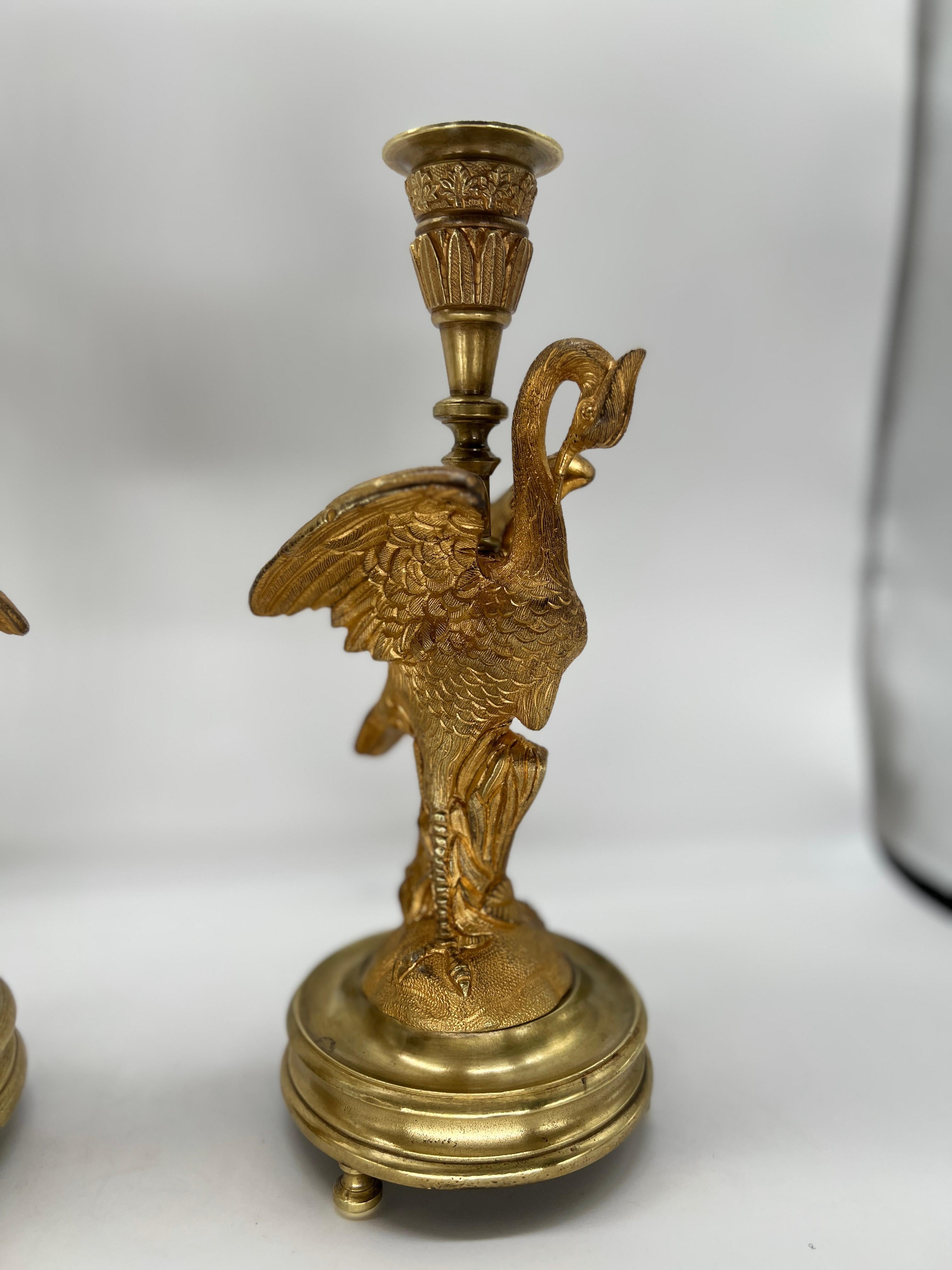 Pair, French Empire Gilt Bronze Crane Motif Candlesticks Circa 1815 In Good Condition For Sale In Atlanta, GA