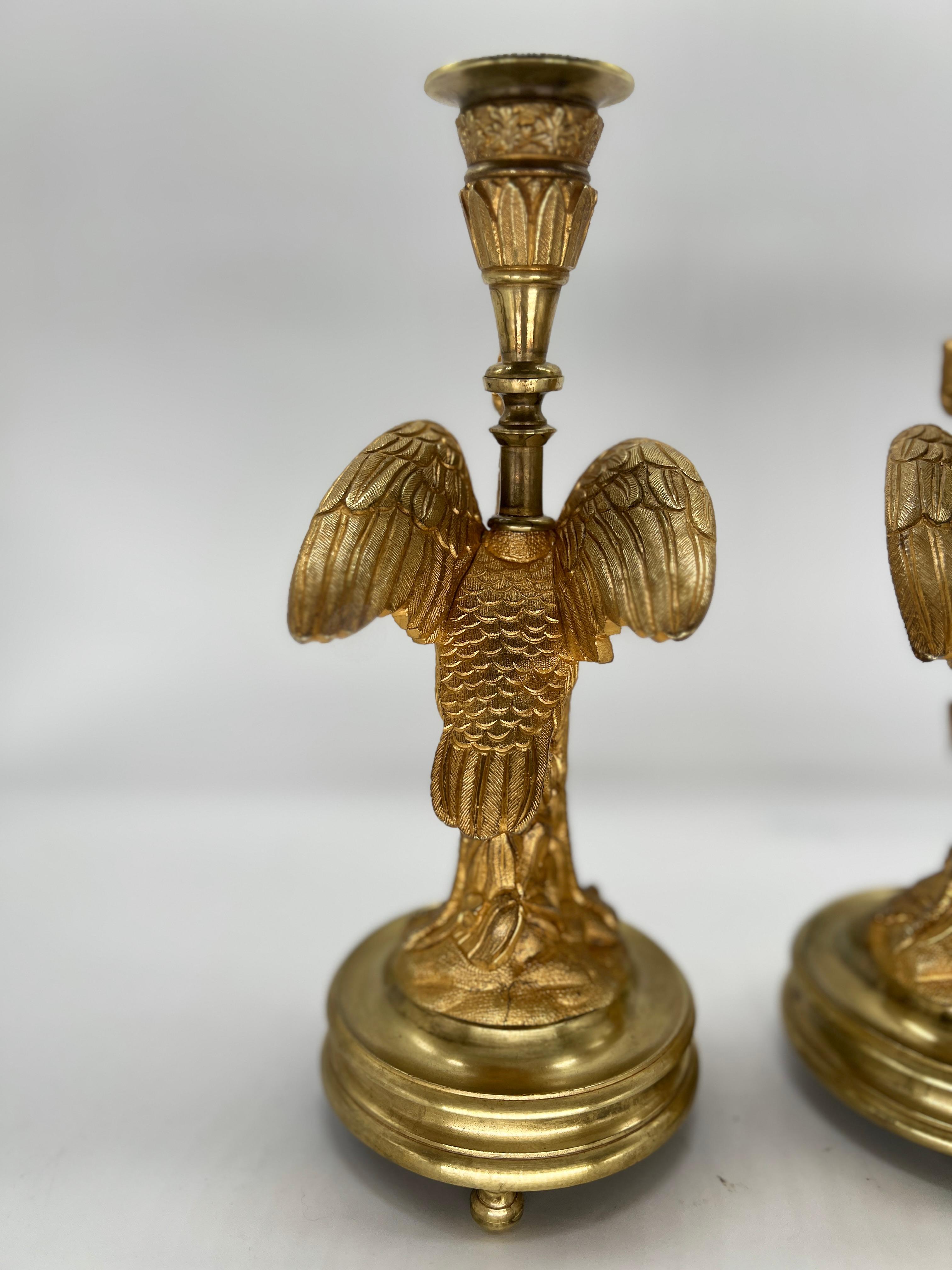 Pair, French Empire Gilt Bronze Crane Motif Candlesticks Circa 1815 For Sale 1