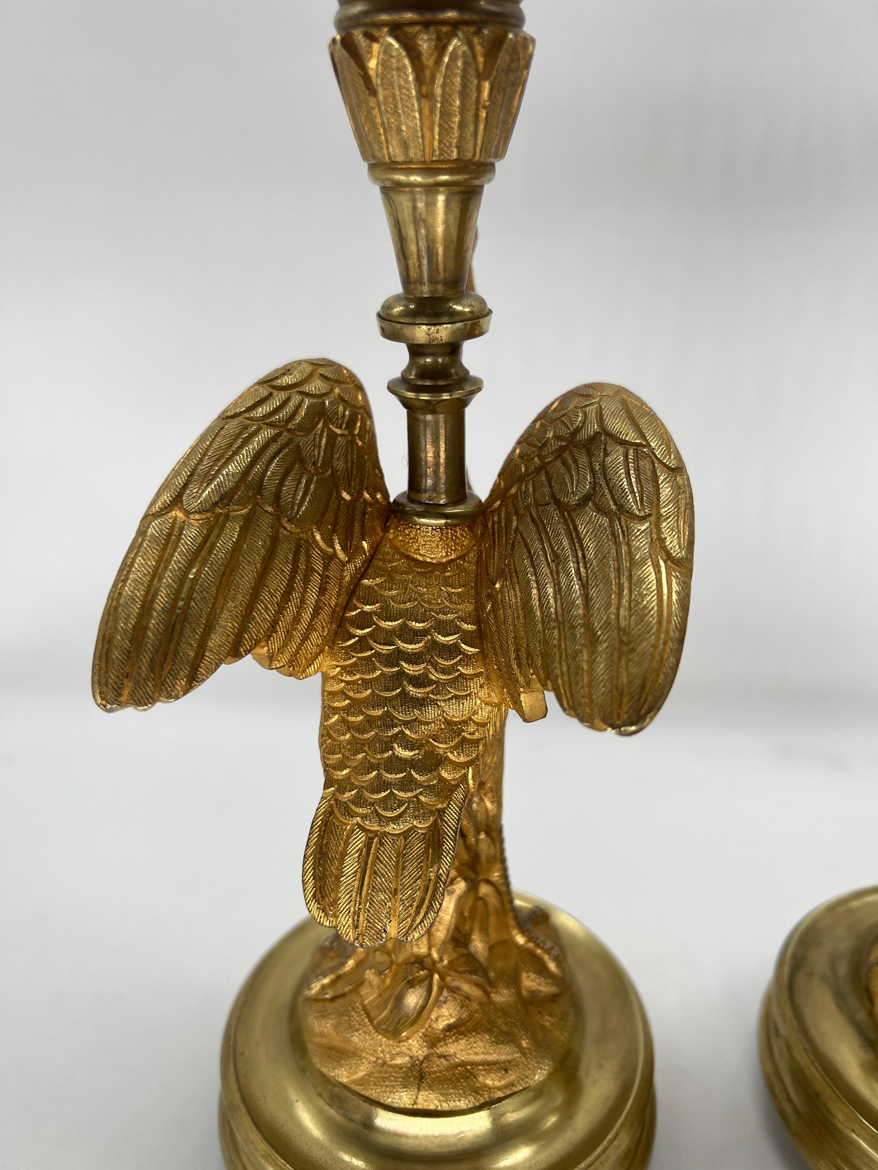 Pair, French Empire Gilt Bronze Crane Motif Candlesticks Circa 1815 For Sale 3