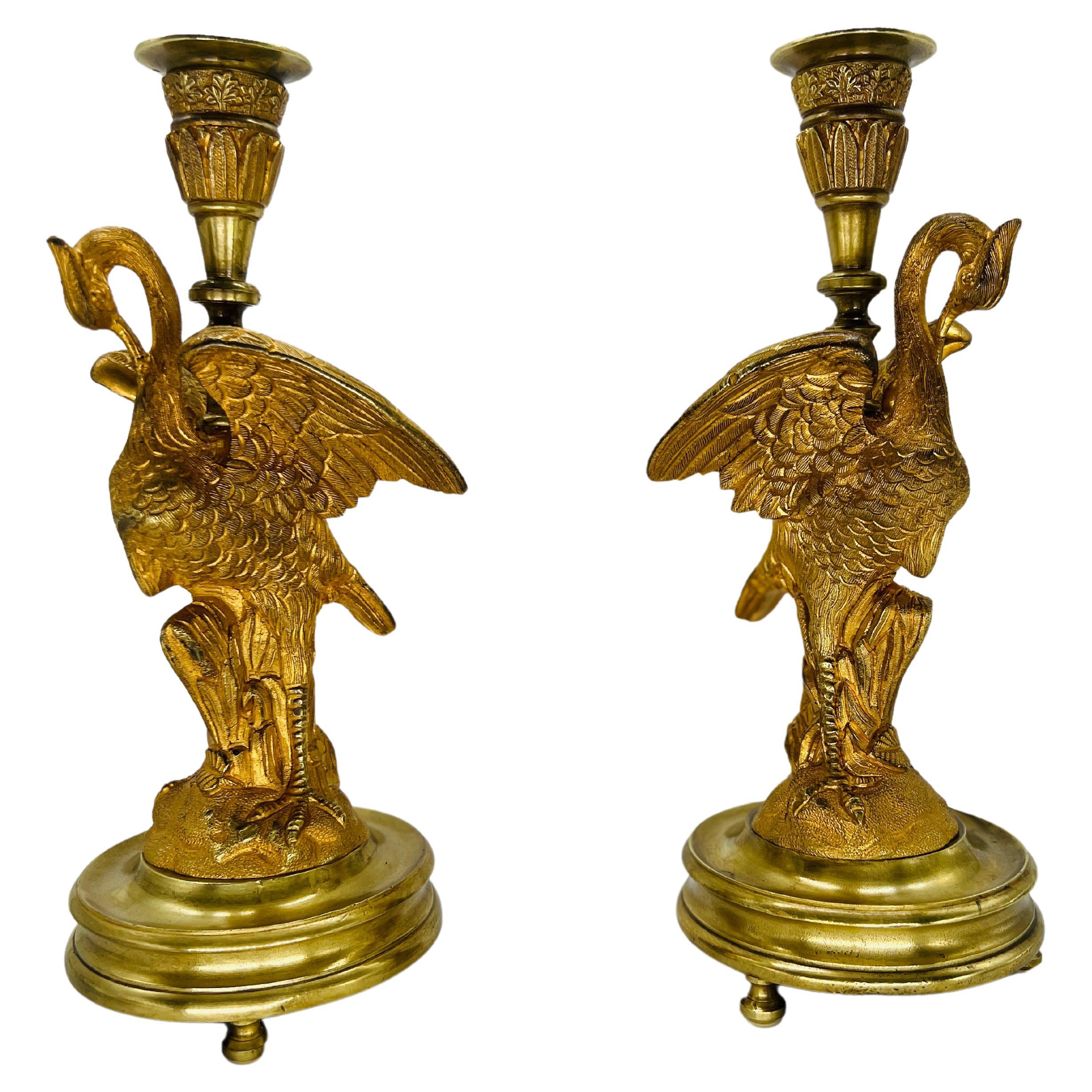 Pair, French Empire Gilt Bronze Crane Motif Candlesticks Circa 1815 For Sale