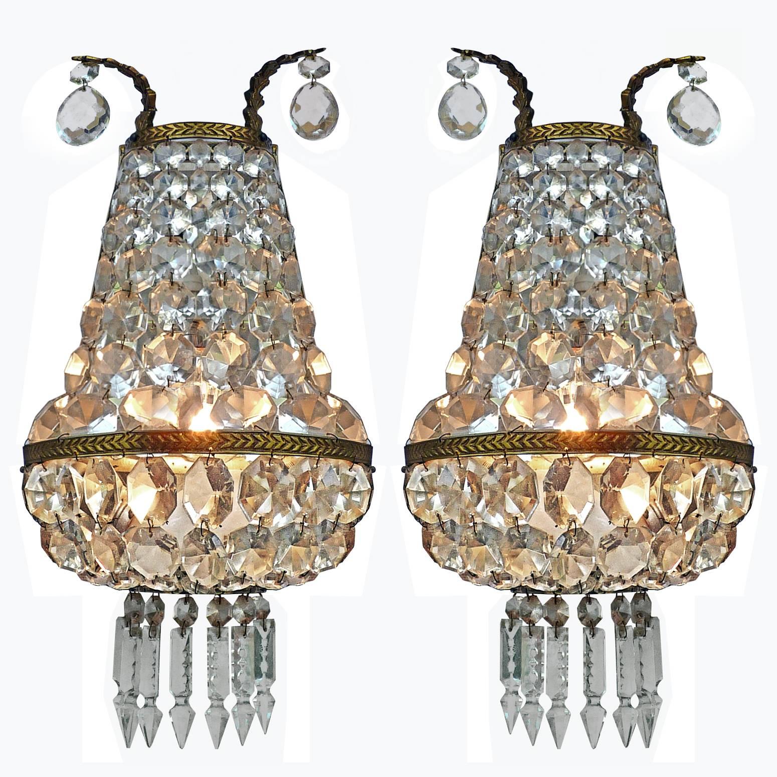 Housing two-light bulbs each E14. Bronze detailing with all crystal intact. 