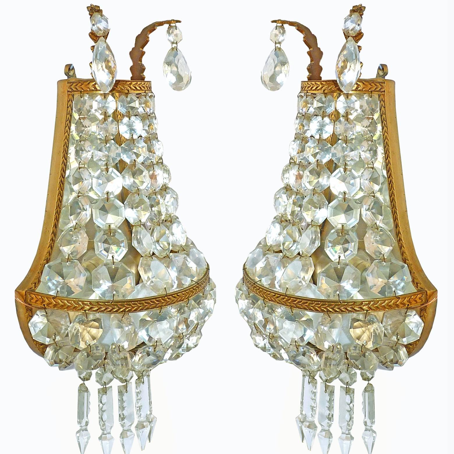 French Empire Gilt Bronze Mirrored Crystal Double Light Sconces Wall Lights Pair In Good Condition In Coimbra, PT