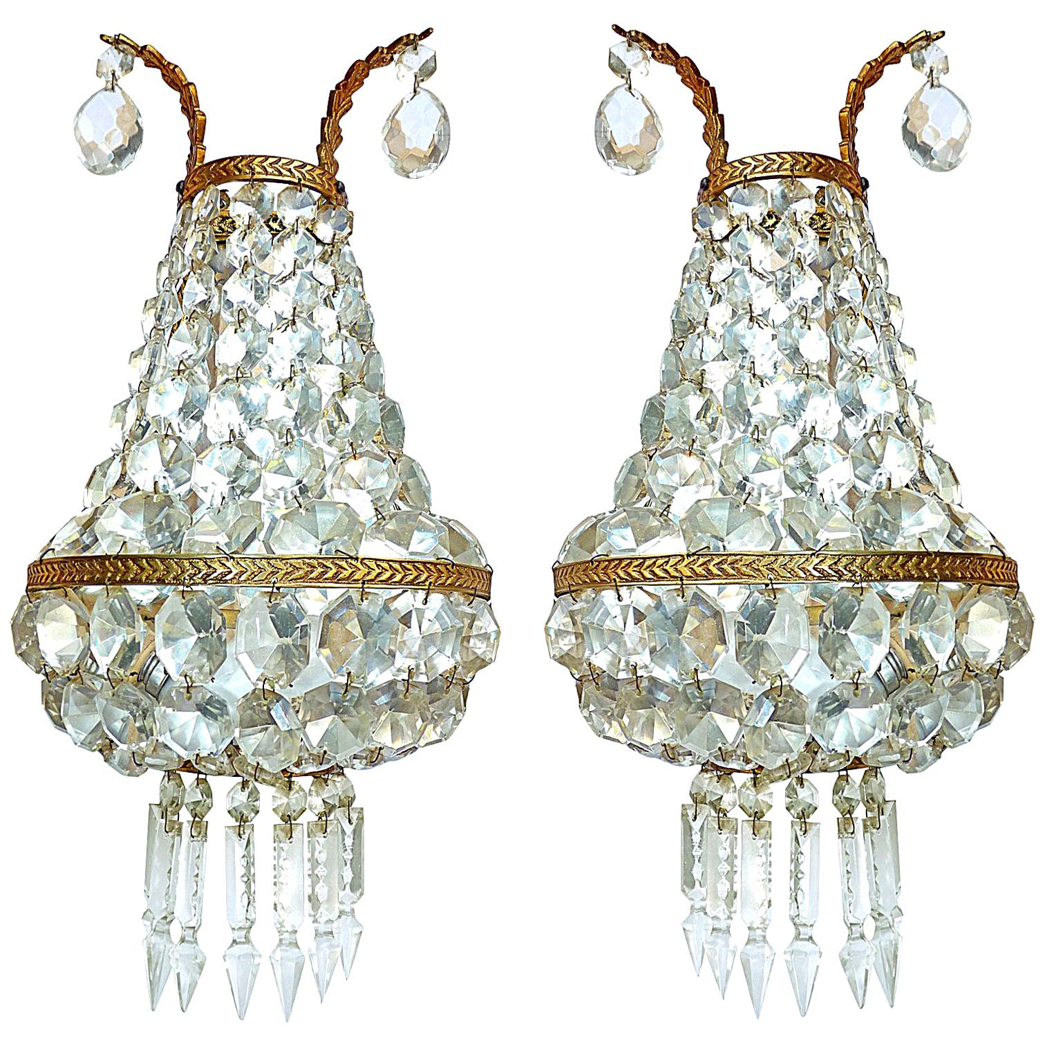 French Empire Gilt Bronze Mirrored Crystal Double Light Sconces Wall Lights Pair