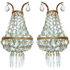 French Empire Gilt Bronze Mirrored Crystal Double Light Sconces Wall Lights Pair