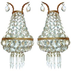 French Empire Gilt Bronze Mirrored Crystal Double Light Sconces Wall Lights Pair