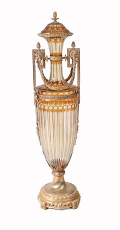 Pair French Empire Glass Amphora Urns Ormolu Mounts Vases