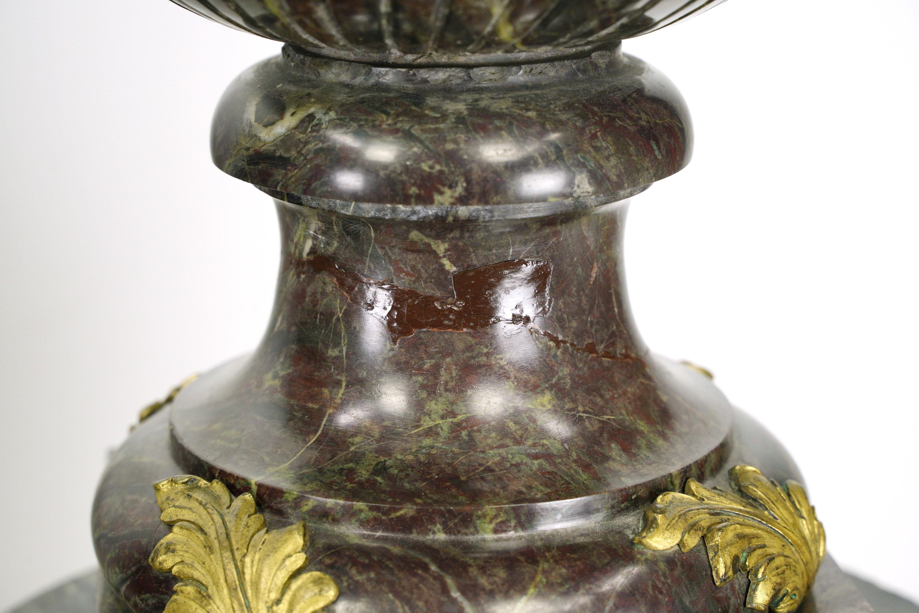 20th Century Pair French Empire Green Marble Gilt Bronze Urn Pedestal Pillars For Sale