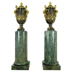 Antique Pair French Empire Green Marble Gilt Bronze Urn Pedestal Pillars