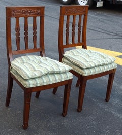Pair French Empire Mahogany with Green Beige Tufted Seat Upholstered Side Chairs