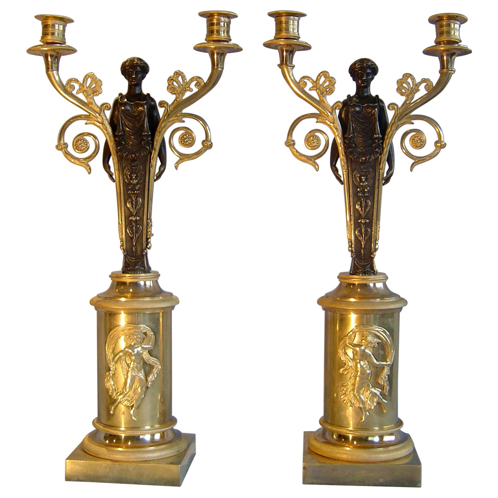 Pair of French Empire Ormolu and Patinated Bronze Two Branch Candelabra