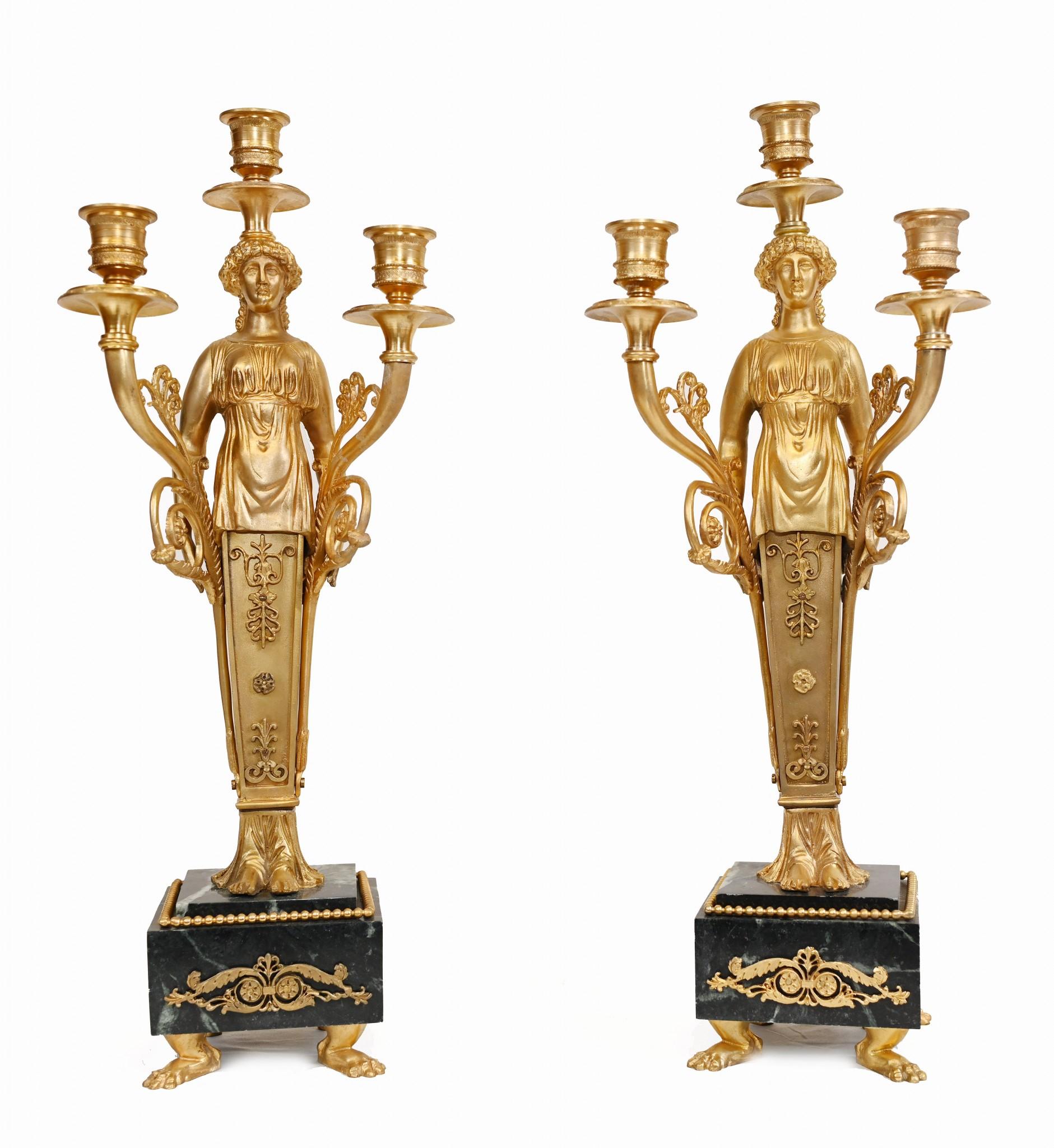 Pair of French Empire Ormolu Marble Candelabras Candle Sticks For Sale 3