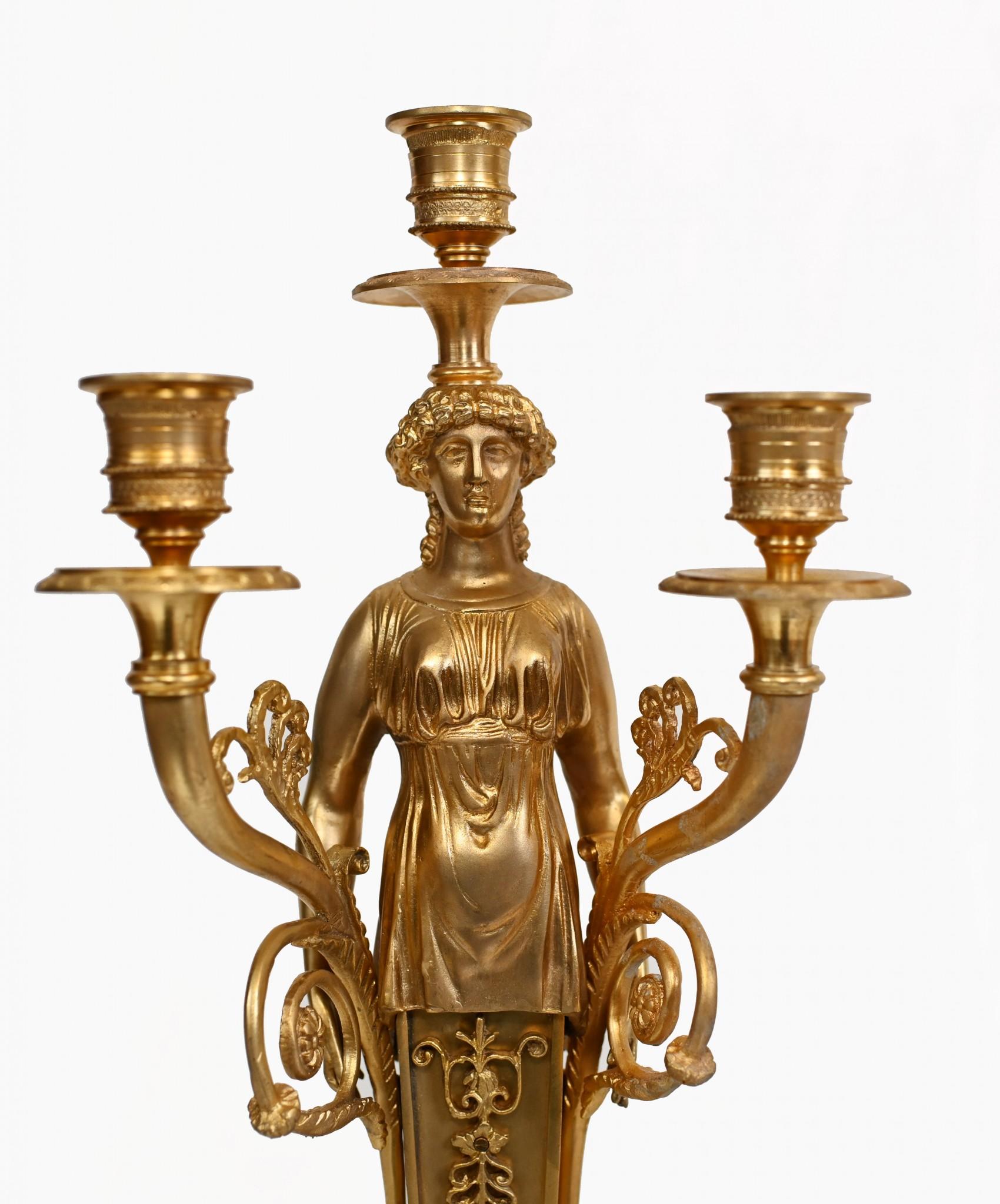 Pair of French Empire Ormolu Marble Candelabras Candle Sticks For Sale 4