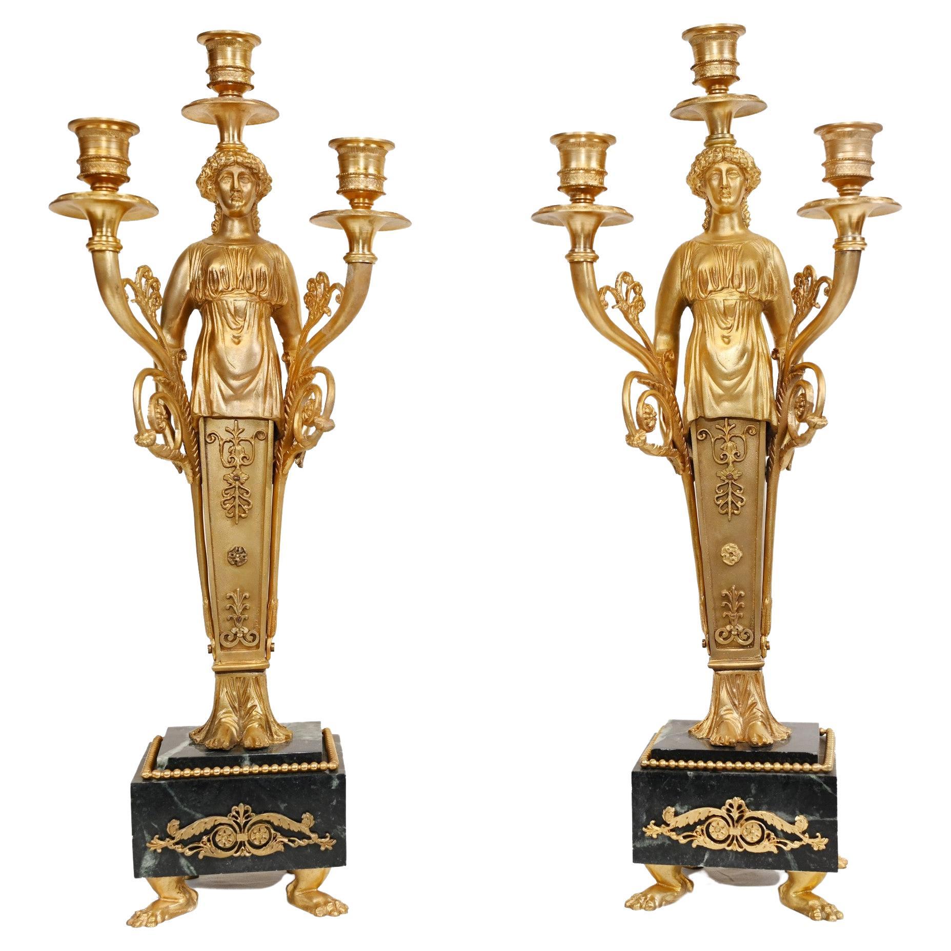 Pair of French Empire Ormolu Marble Candelabras Candle Sticks For Sale