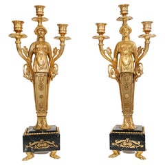 Retro Pair of French Empire Ormolu Marble Candelabras Candle Sticks