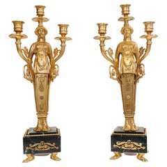 Used Pair of French Empire Ormolu Marble Candelabras Candle Sticks