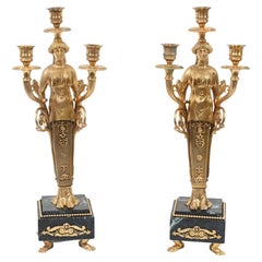 Pair French Empire Ormolu Marble Candelabras Candle Sticks