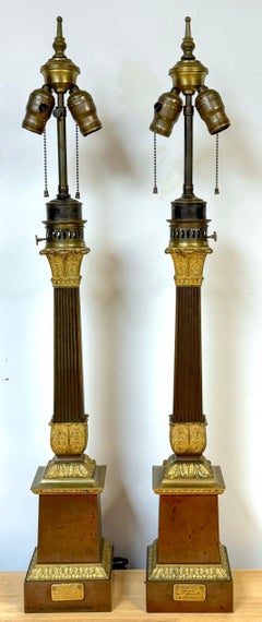 Pair French Empire Ormolu & Patinated Bronze Fluted Column Lamps, Signed, 1830s