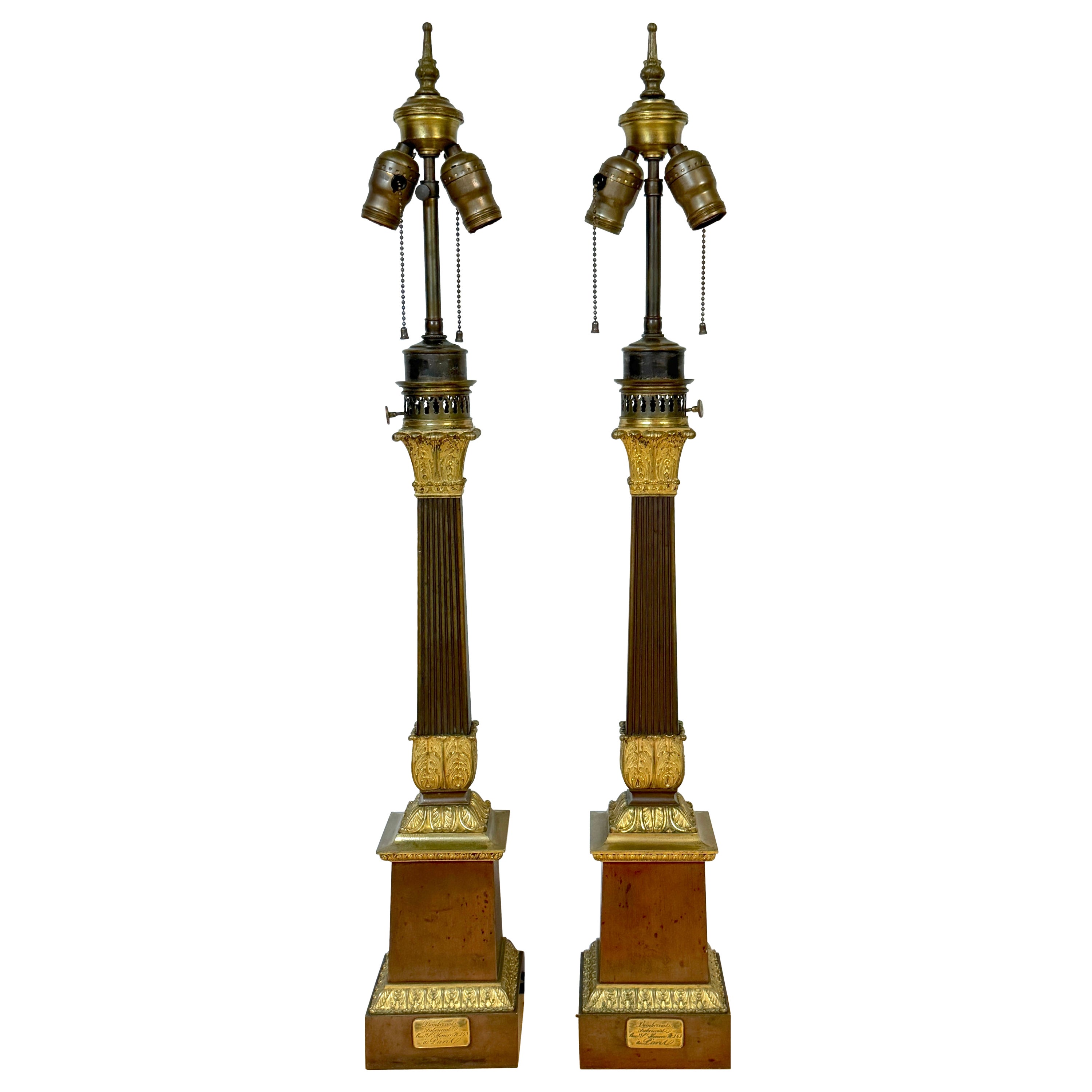 Pair French Empire Ormolu & Patinated Bronze Fluted Column Lamps, Signed, 1830s