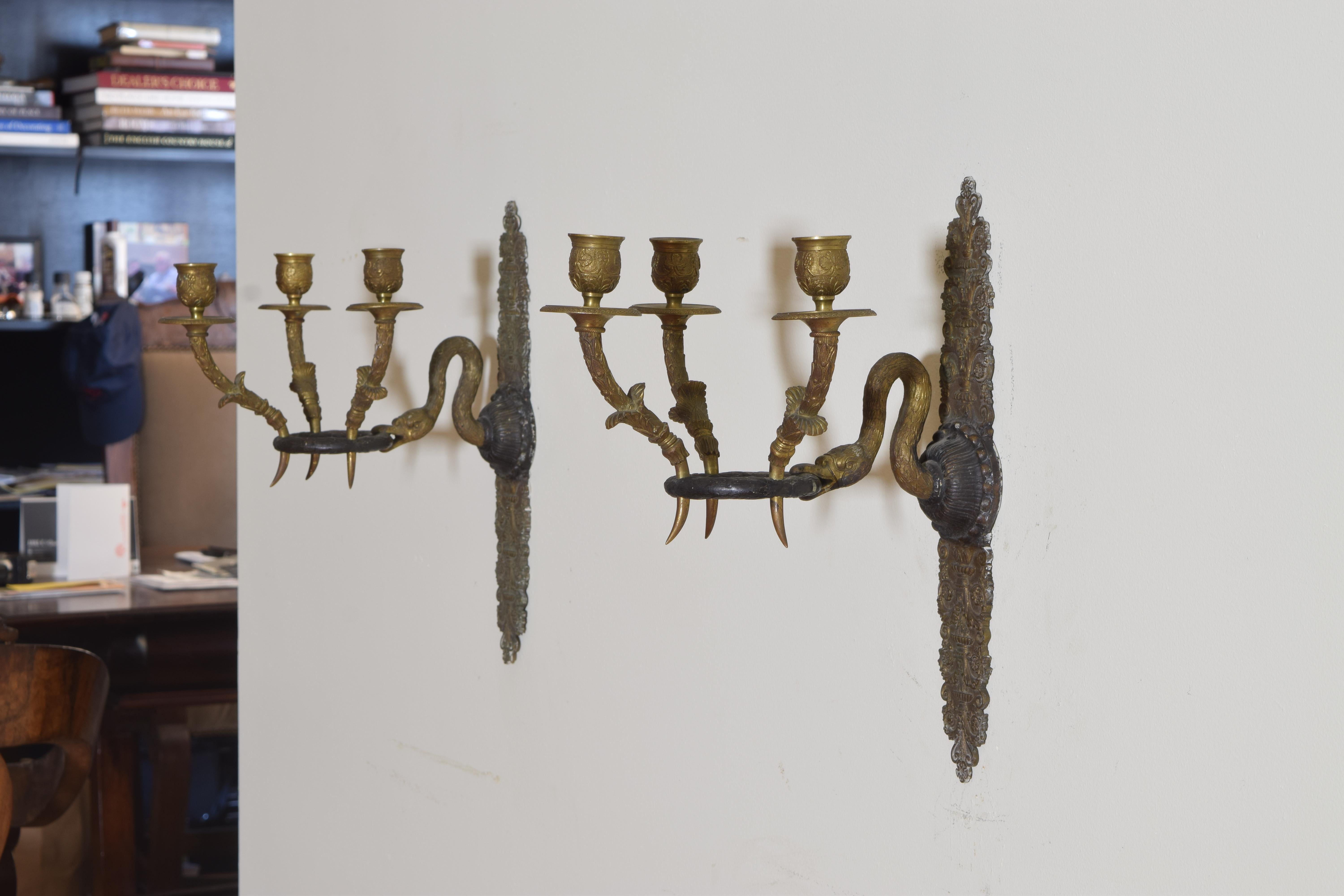 Pair French Empire Period Brass and Enameled 3-Light Sconces, Eary 19th Cen. In Good Condition In Atlanta, GA