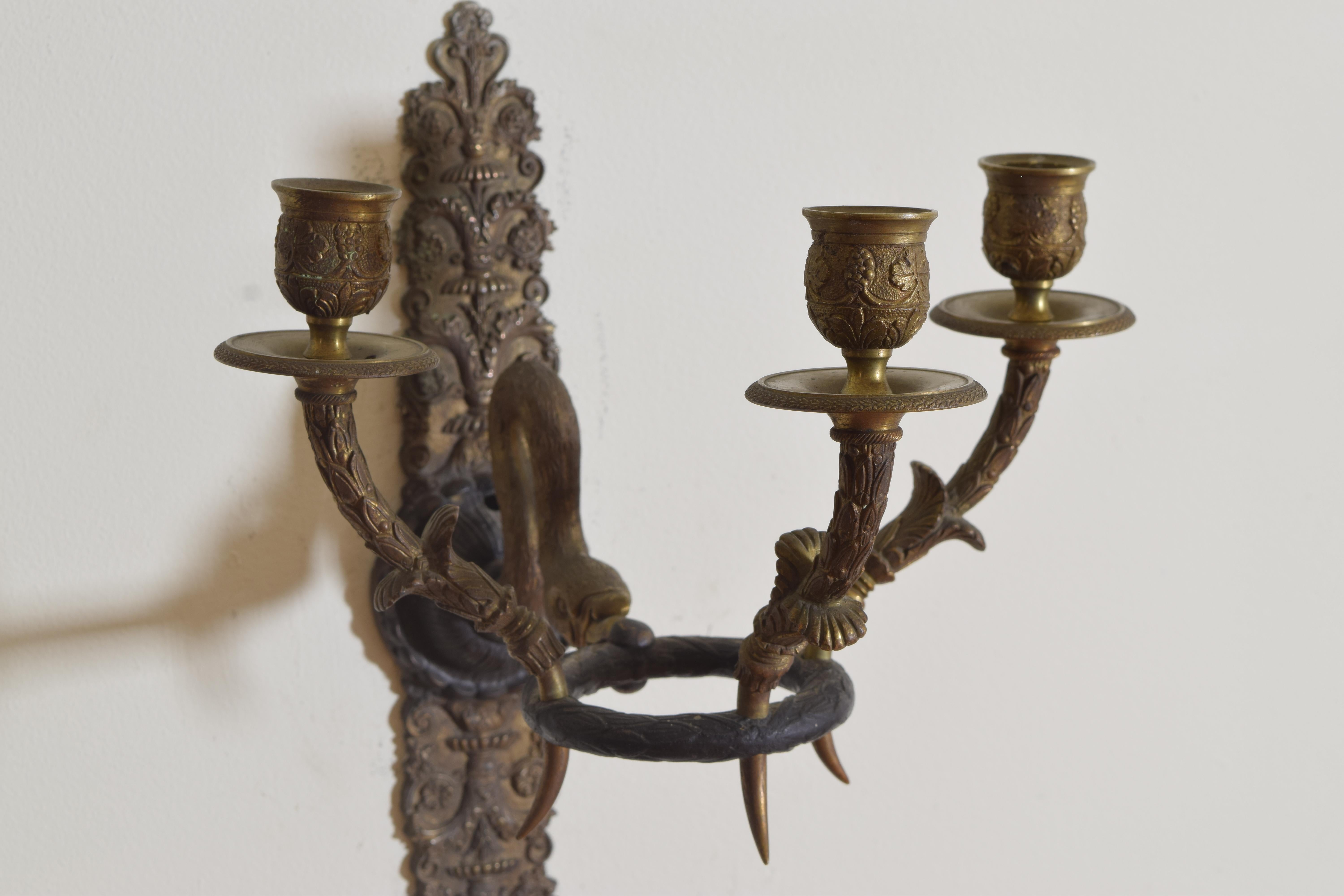 Pair French Empire Period Brass and Enameled 3-Light Sconces, Eary 19th Cen. 2