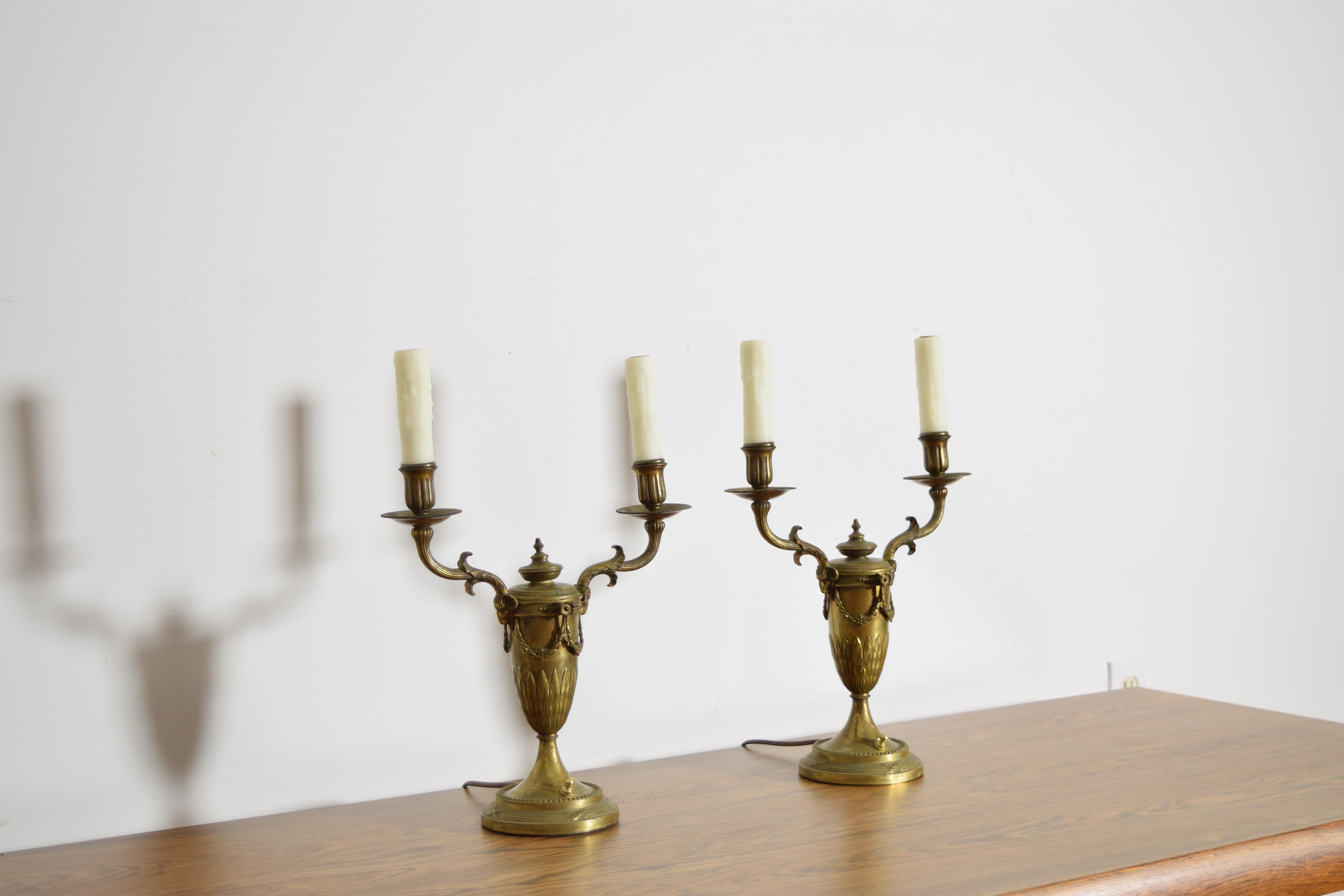 Pair French Empire Period Cast Brass 2-Light Candelabrum, electrified, ca. 1800 In Good Condition For Sale In Atlanta, GA