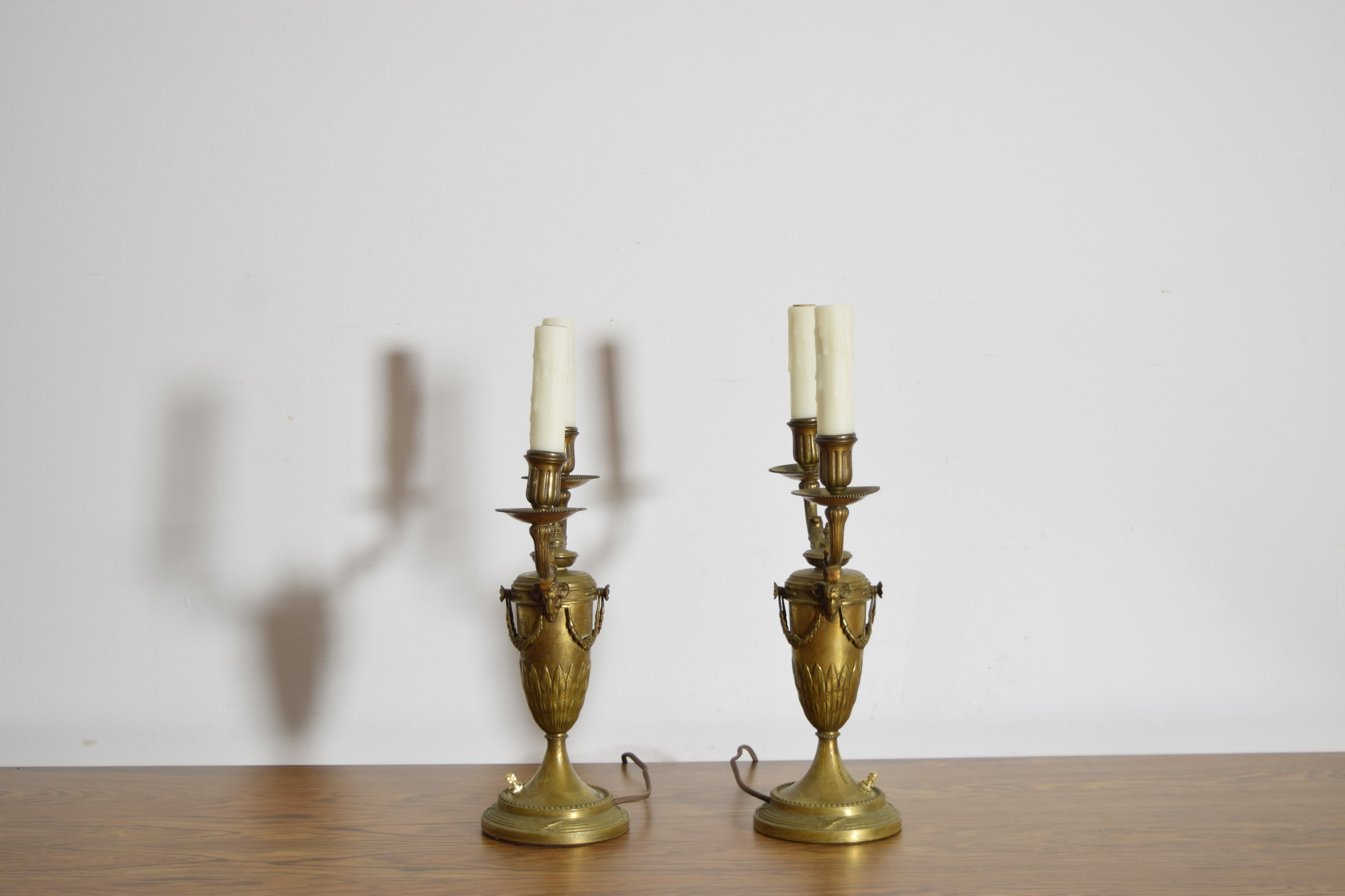 Early 19th Century Pair French Empire Period Cast Brass 2-Light Candelabrum, electrified, ca. 1800 For Sale