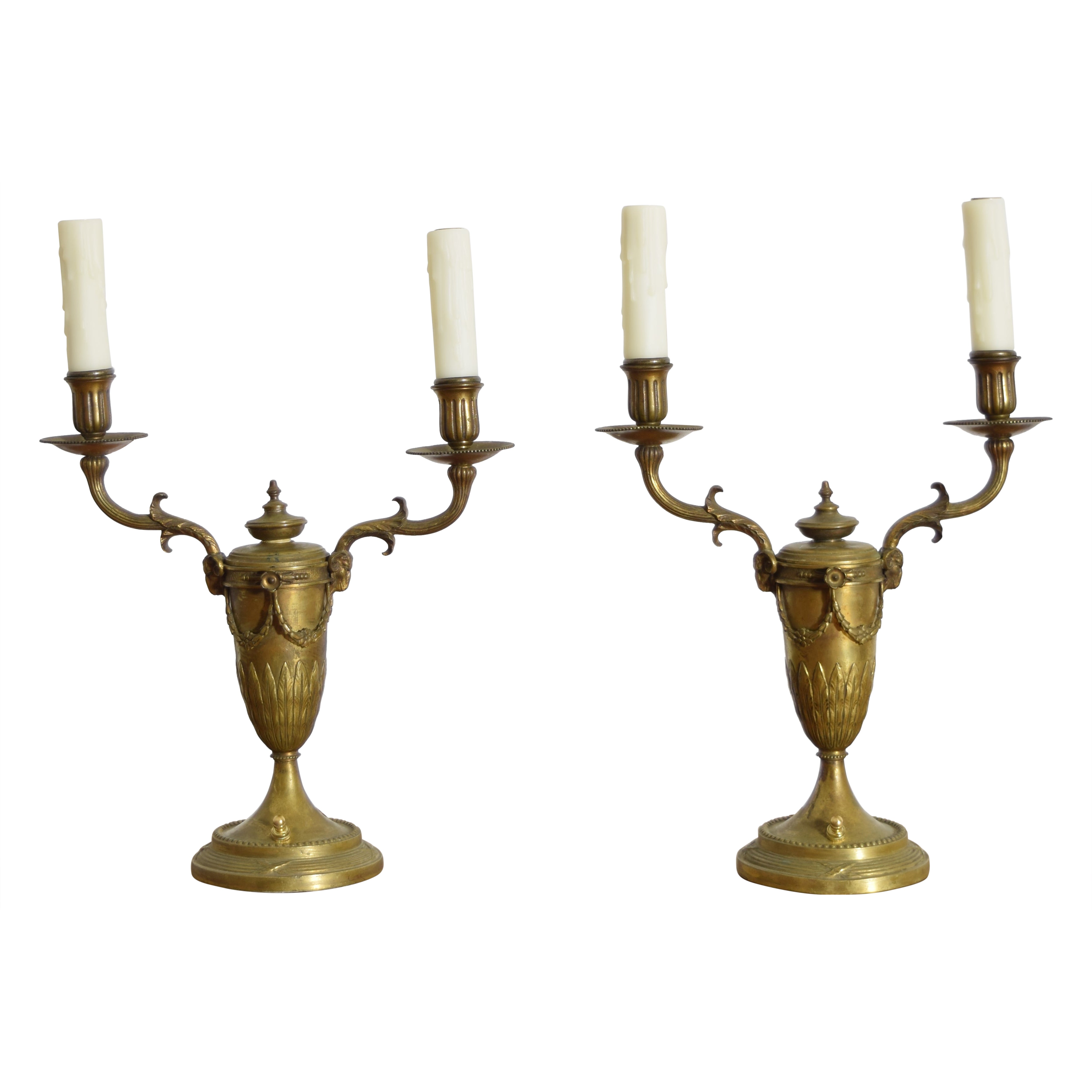 Pair French Empire Period Cast Brass 2-Light Candelabrum, electrified, ca. 1800 For Sale