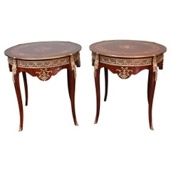 Pair French Empire Side Tables Marquetry Inlay