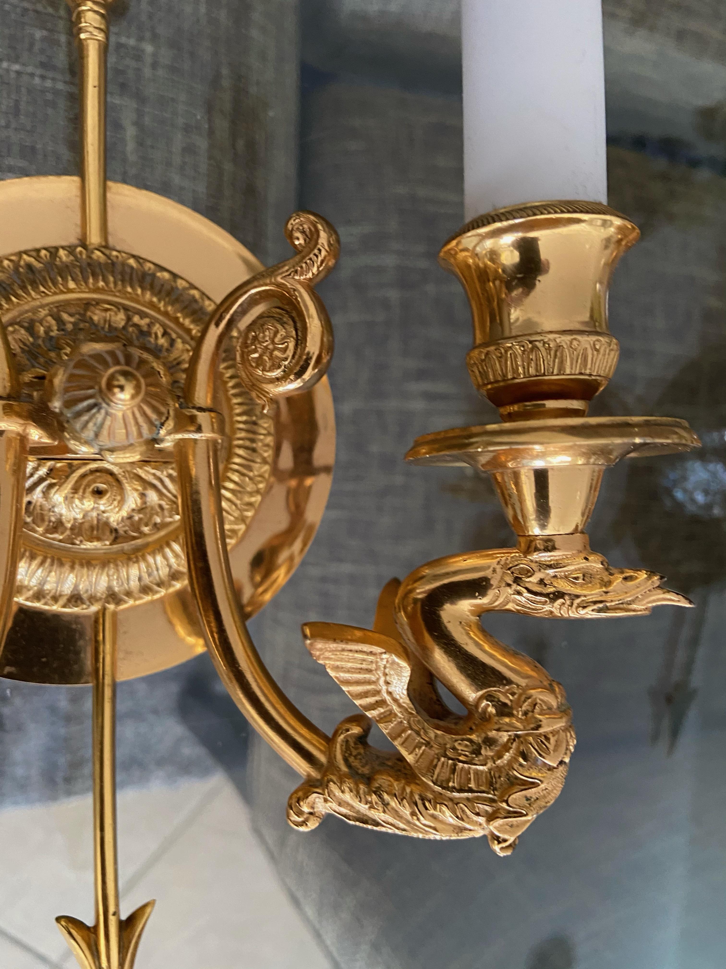 Pair of French Empire Style Arrow Swan Wall Sconces 4