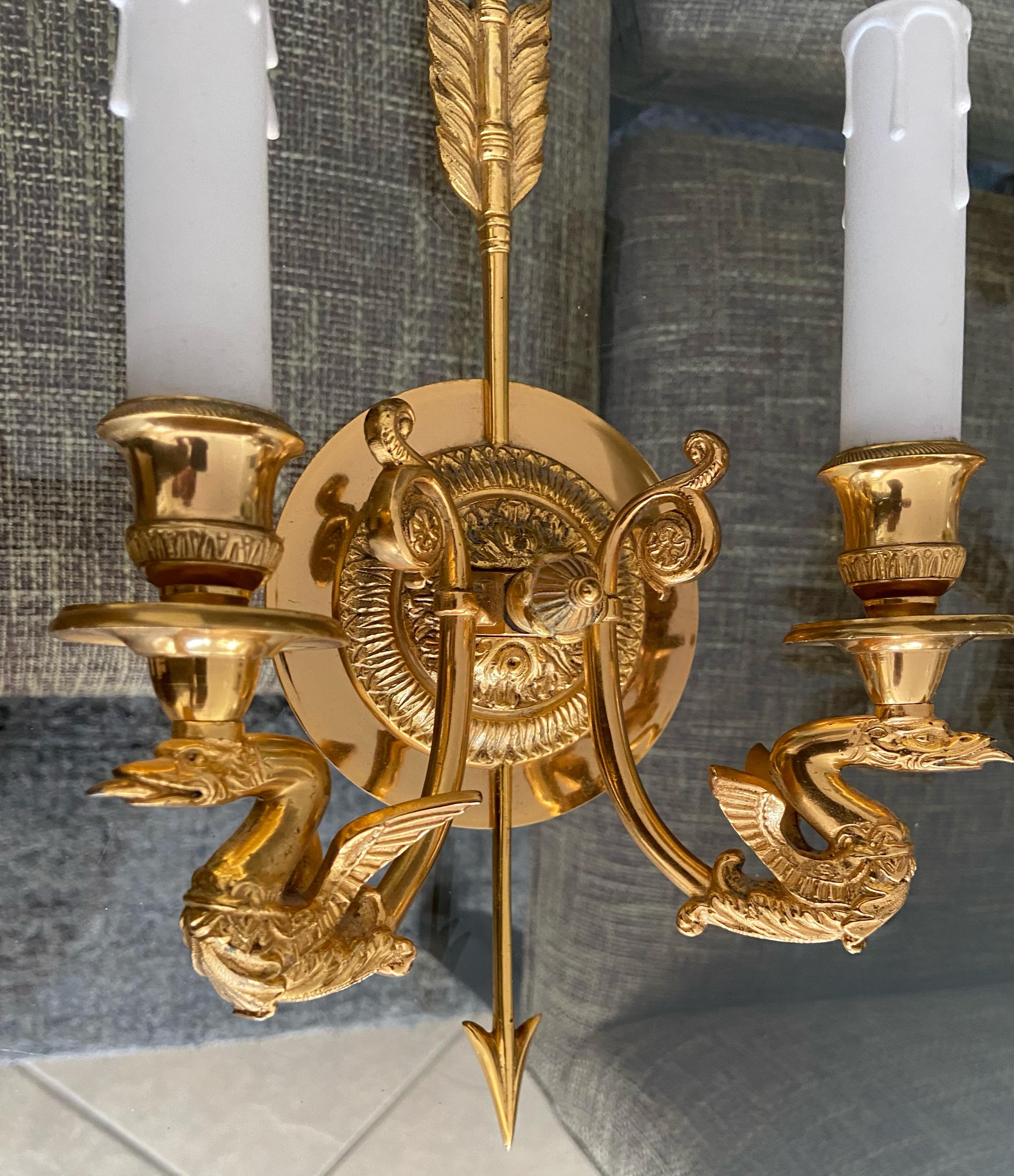 Pair of French Empire Style Arrow Swan Wall Sconces 6