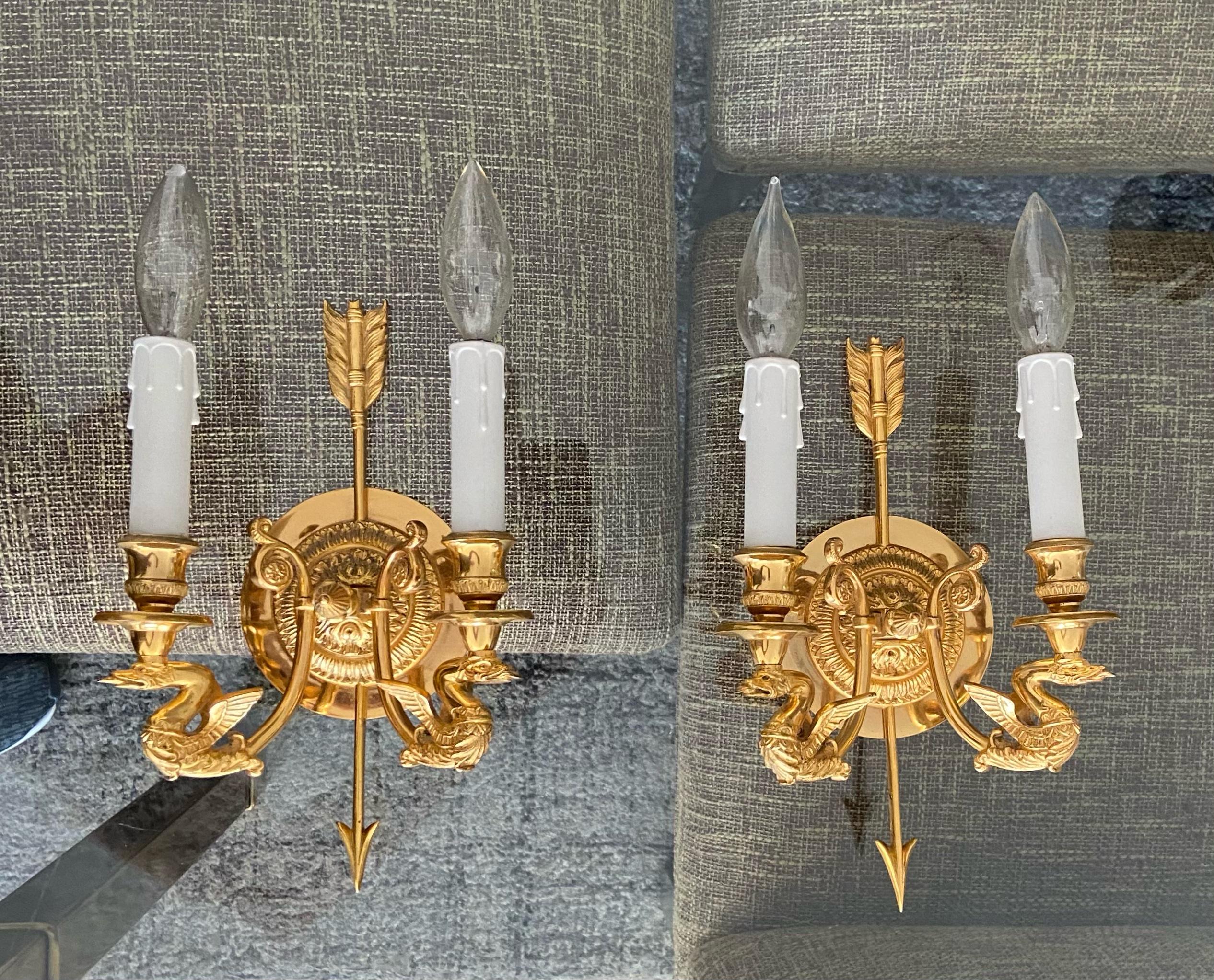 Pair of French Empire Style Arrow Swan Wall Sconces 12