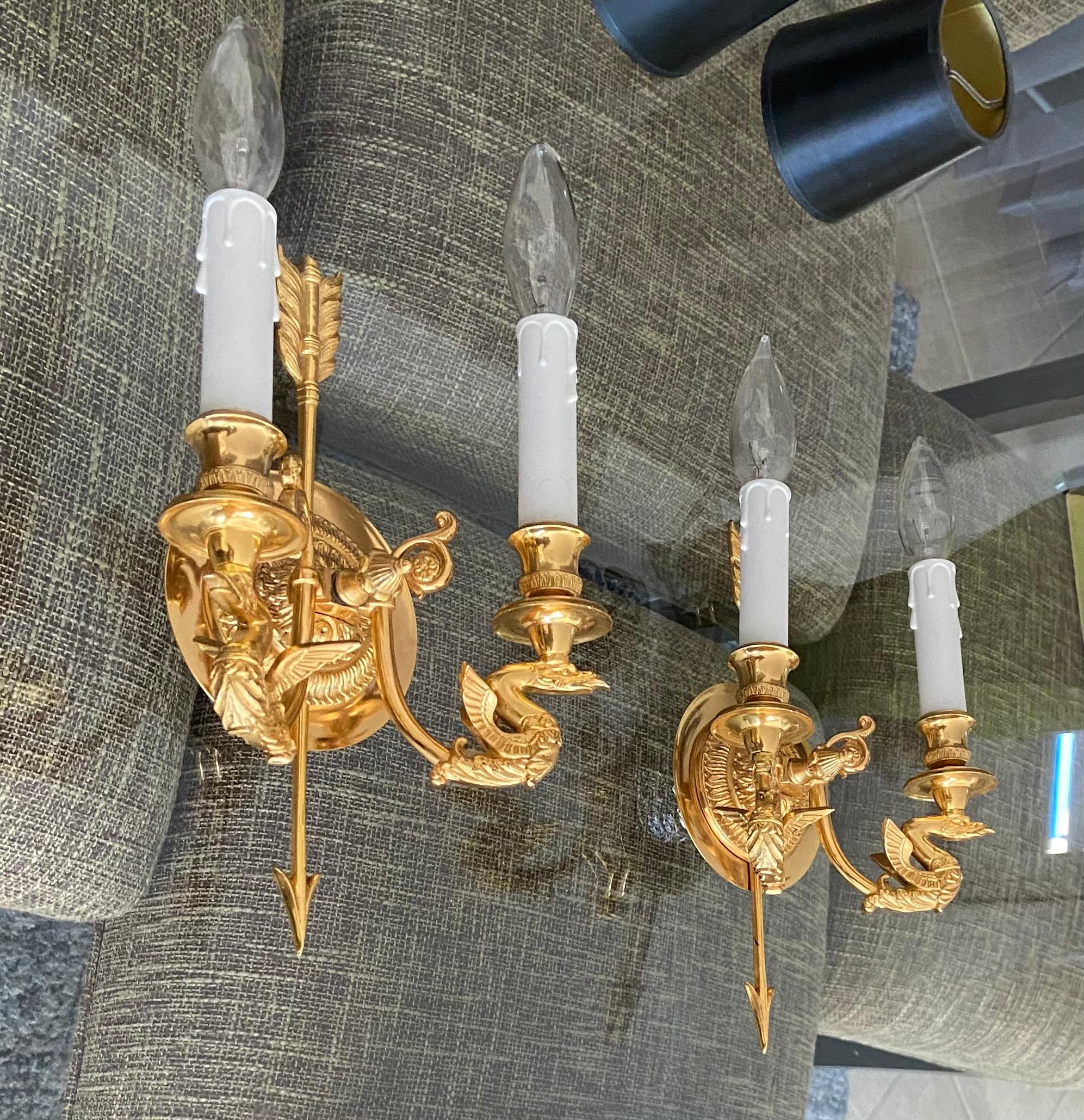 Portuguese Pair of French Empire Style Arrow Swan Wall Sconces